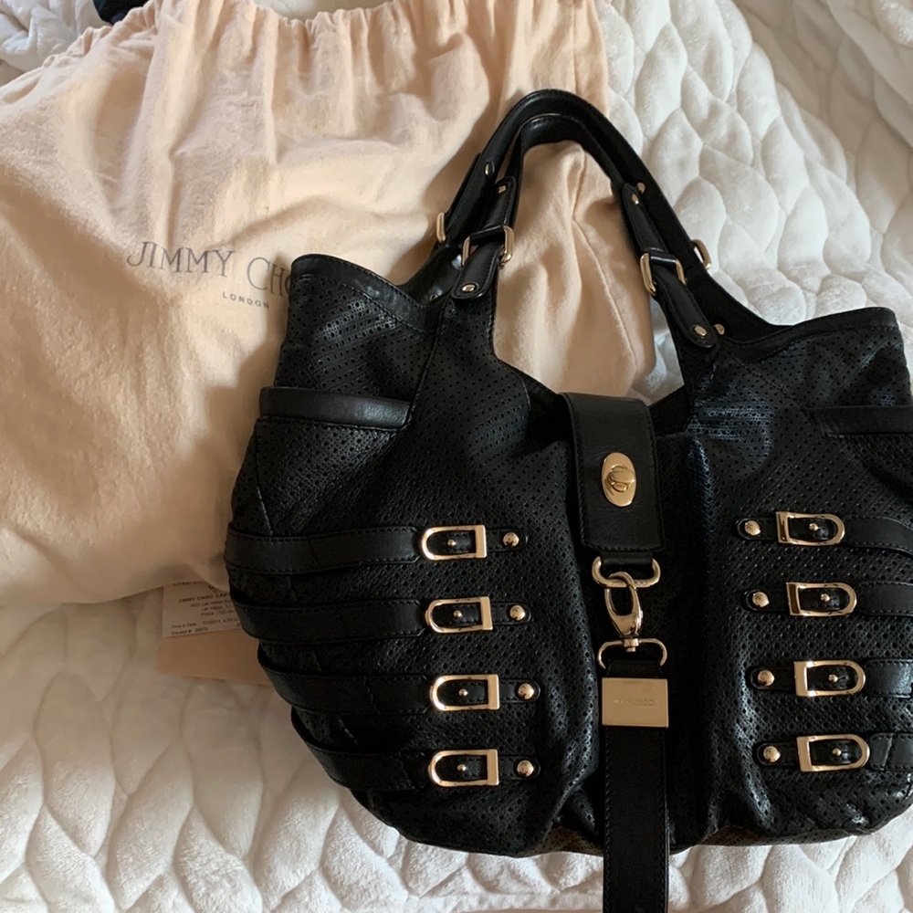 100% AUTHENTIC JIMMY CHOO Bree Black Leather Motorcycle Handbag